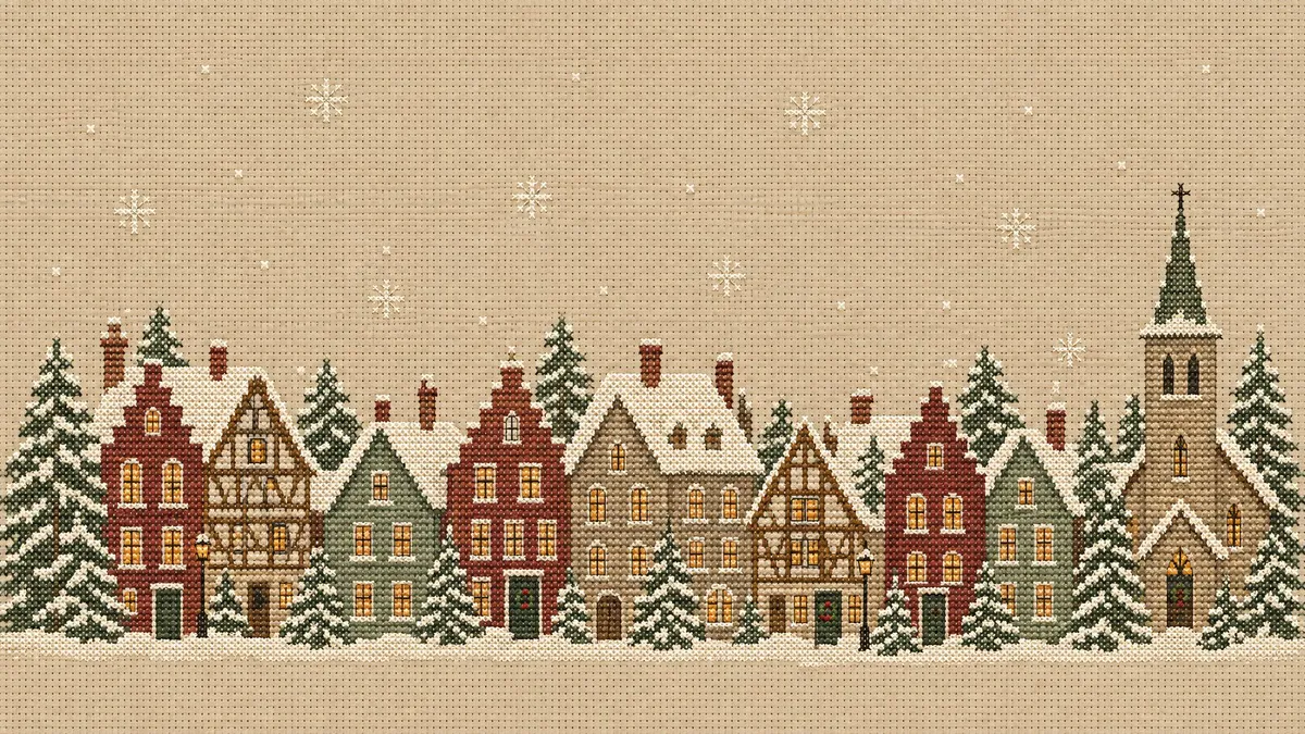 Christmas Village Cross Stitch shown on your frame