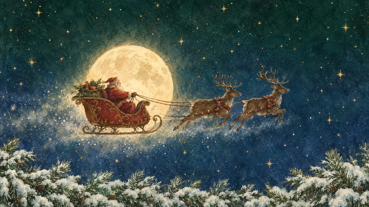 Santa's red sleigh pulled by two reindeer across a starry teal night sky in front of a large full moon