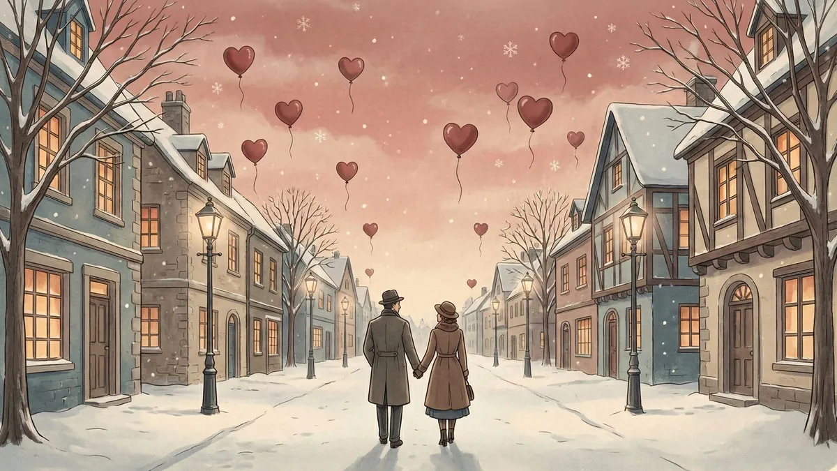 Couple in coats holding hands on a snowy village street with lit windows, lampposts and red heart balloons overhead