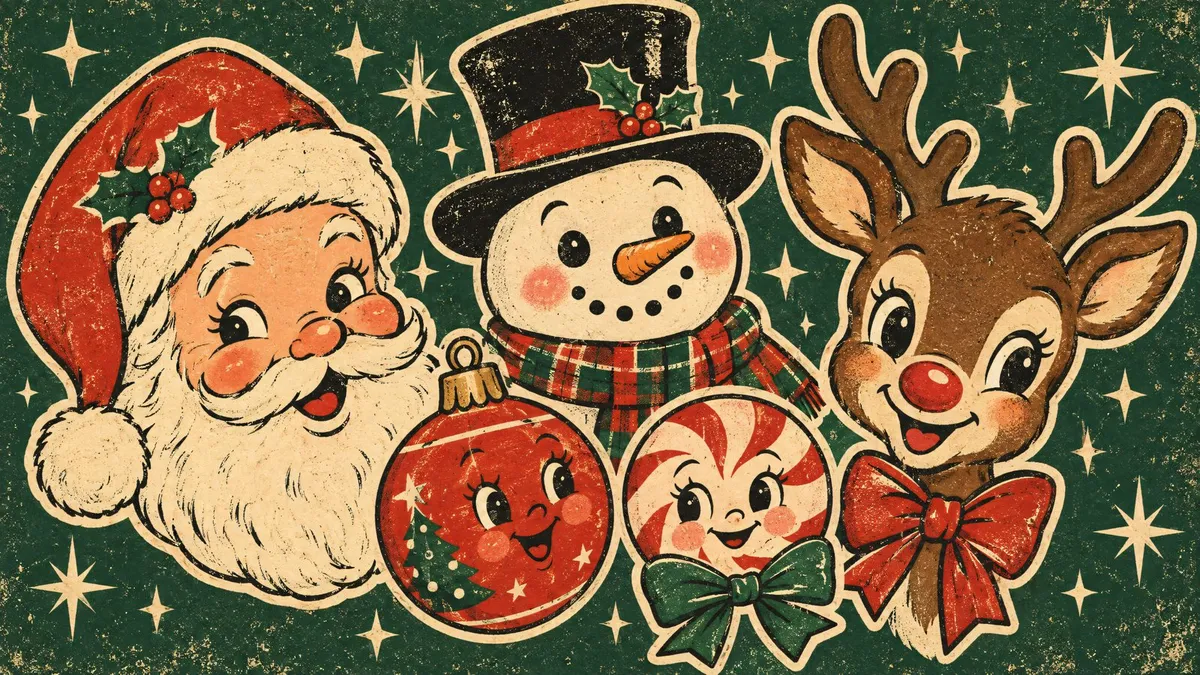 Retro Santa head, snowman, reindeer, ornament and peppermint candy with smiling faces on a dark green starry background