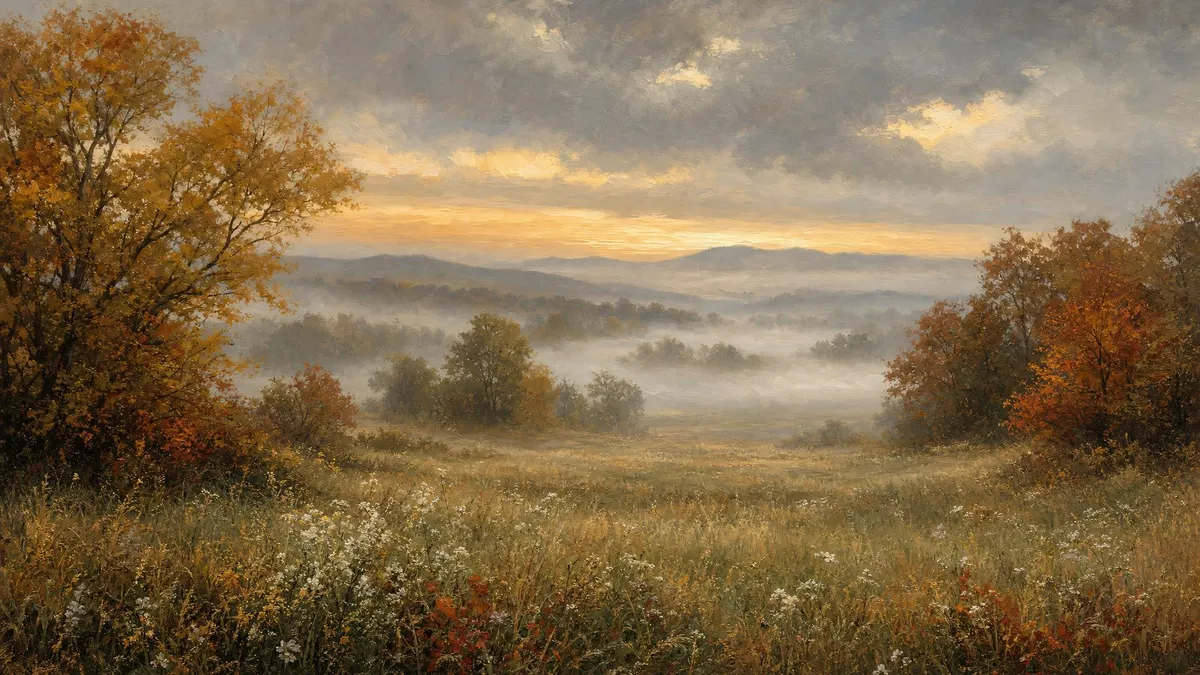 Misty Autumn Meadow shown on your frame