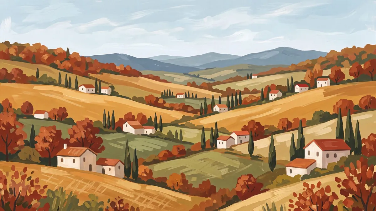 Rustic Autumn Village Hills shown on your frame