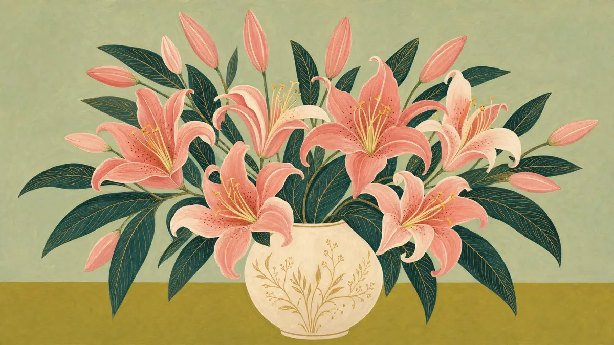 Coral Lily Bouquet shown on your frame