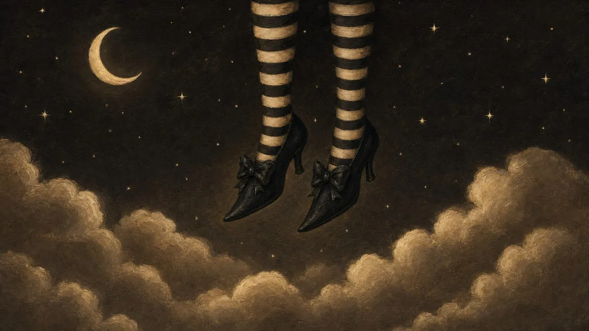 Legs in striped stockings and black heels dangling into a sepia night sky with a crescent moon, stars and clouds