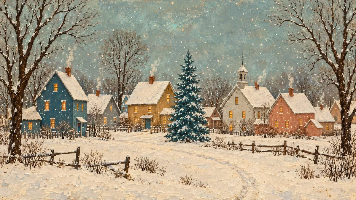 Snow-covered village of small painted houses with a blue spruce at the center and bare trees under falling snow