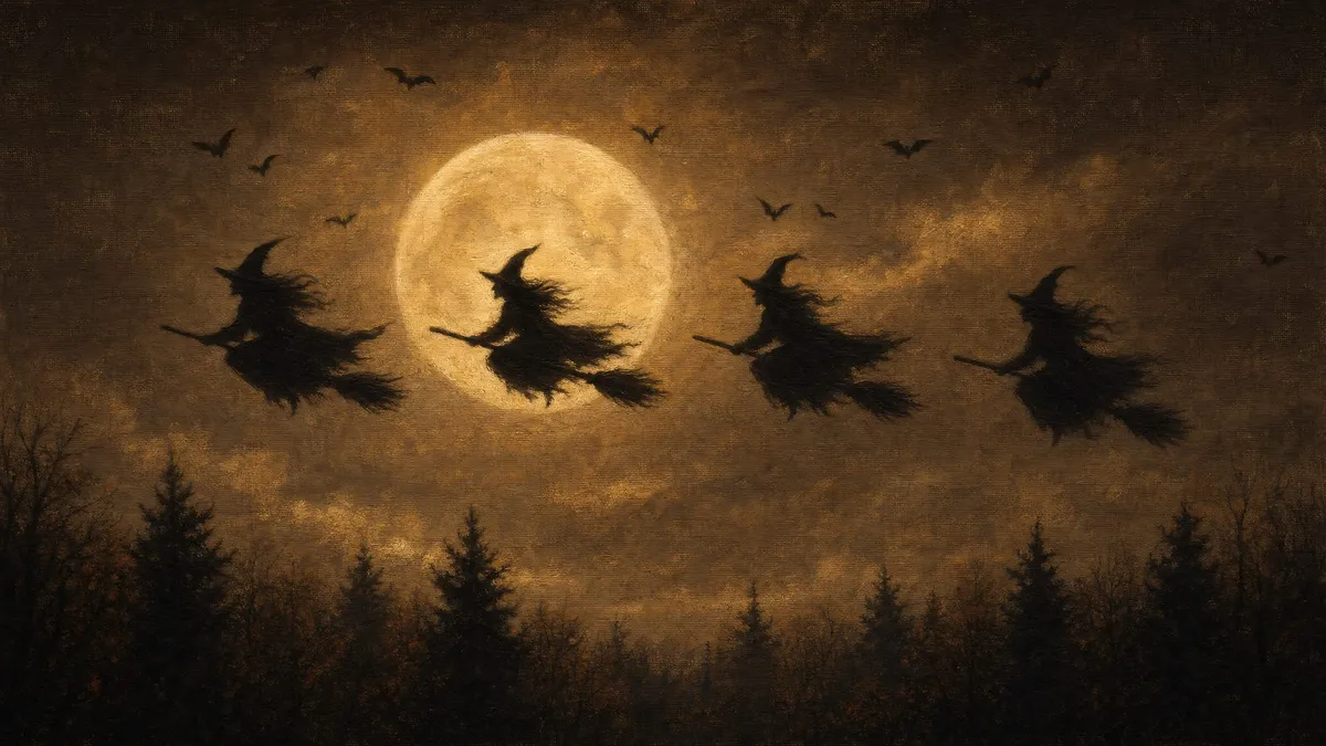 Four witches on broomsticks fly in silhouette across a glowing full moon, with bats above and a dark treeline below