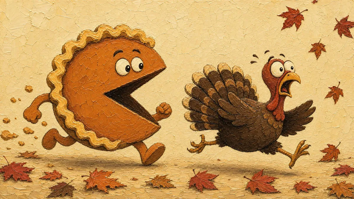 Cartoon pumpkin pie with a wedge mouth chasing a startled turkey among fallen maple leaves