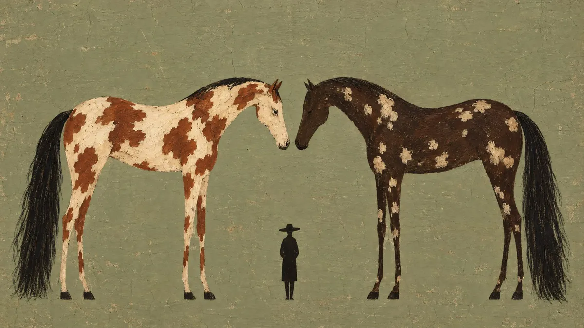 Two stylized folk-art horses face each other nose to nose with a tiny hatted figure standing between them