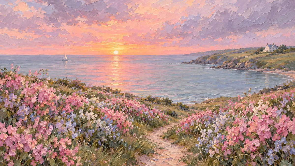 Sandy path through pink and lavender blossoms leading to a calm bay, sunset sky and a white house on a distant headland