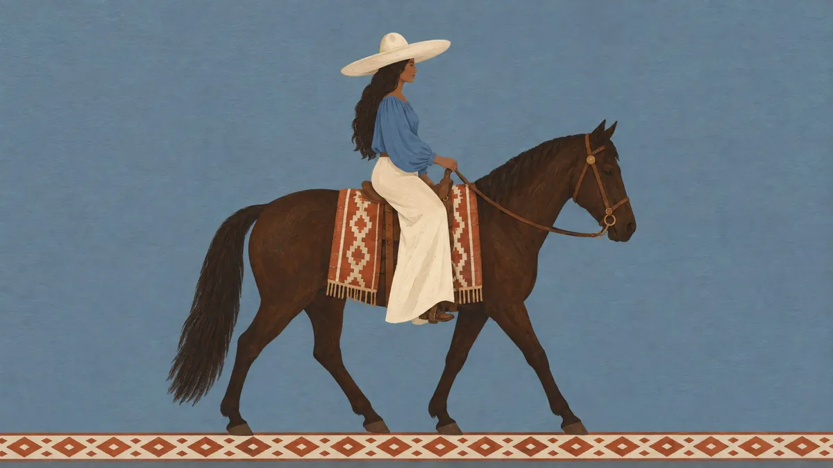 Woman in a wide-brimmed cream hat and blue blouse riding a dark horse in profile, above a rust diamond-pattern border