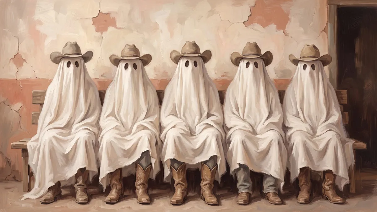 Five sheet-draped ghosts in cowboy hats seated in a row on a wooden bench against a cracked plaster wall.