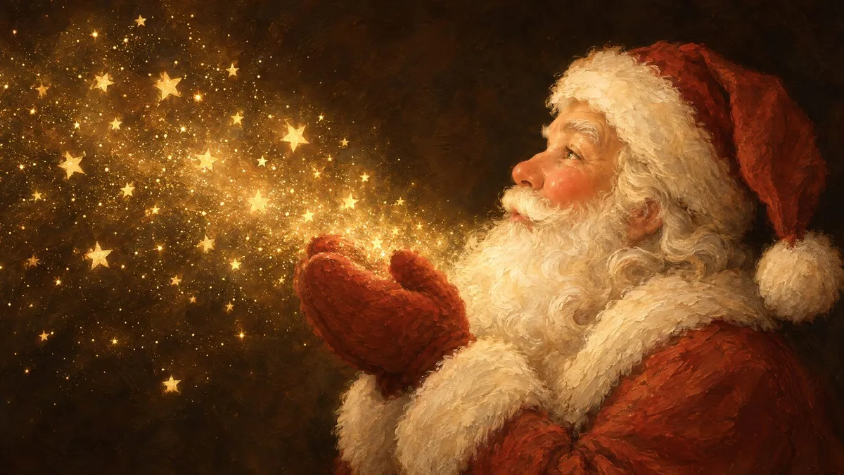 Santa Claus in profile blowing a glowing cloud of golden stars from his red mittens