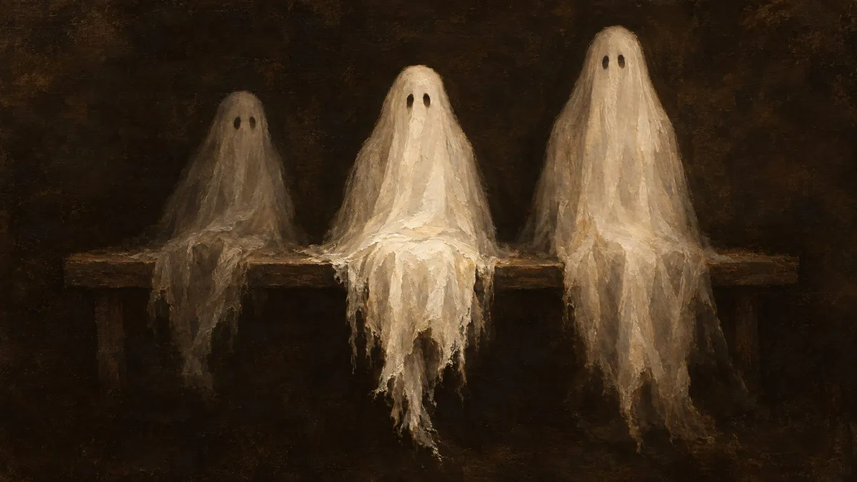 Three sheer-sheet ghosts with dark oval eyes sitting in a row on a dark wooden bench in deep shadow