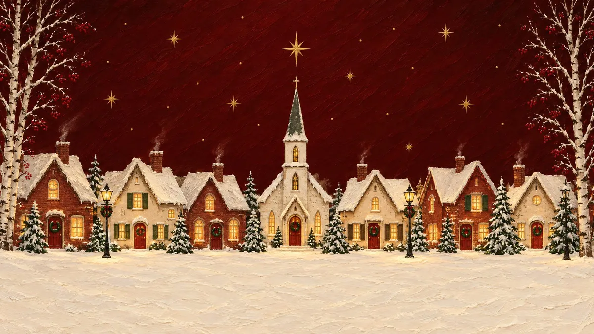 Crimson Christmas Village shown on your frame