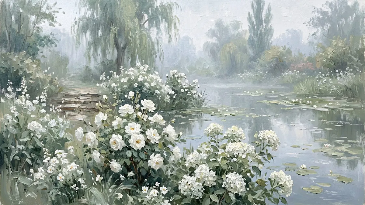Soft impressionist painting of white roses and blossoms beside a misty lily pond with a willow behind