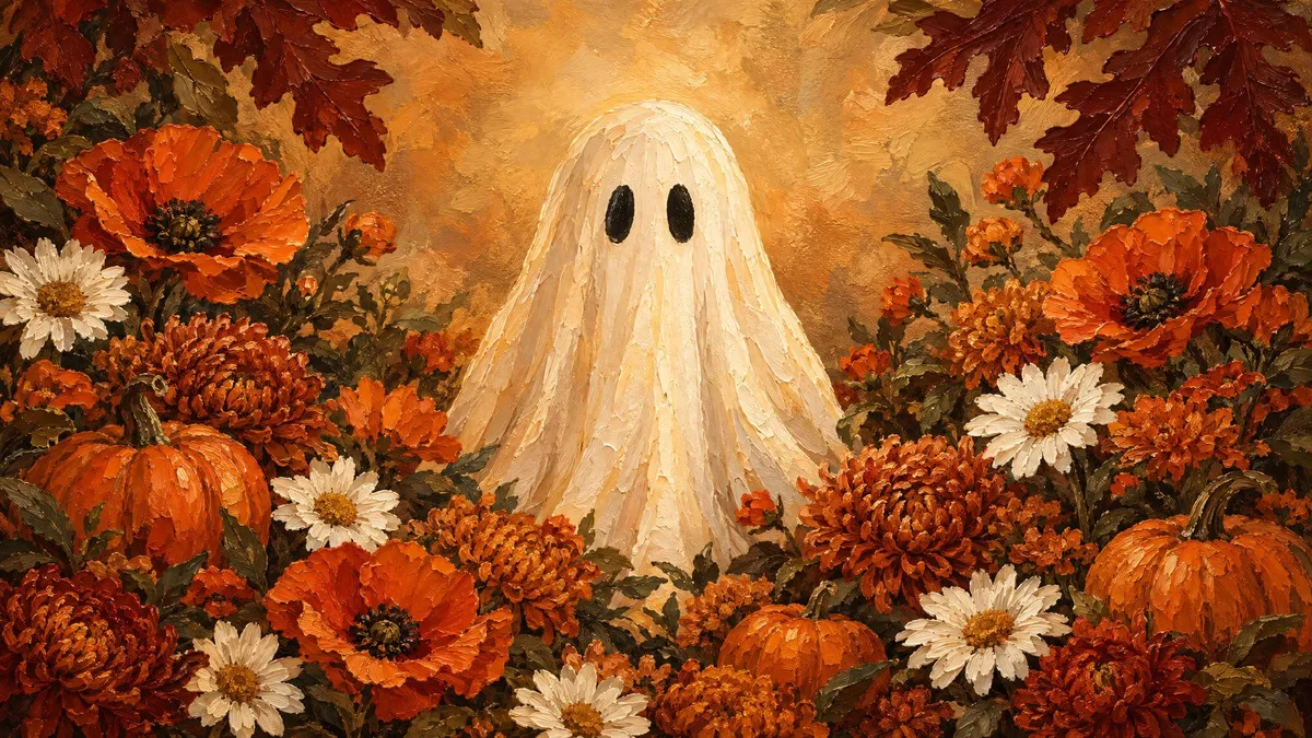 A soft rounded ghost stands among orange poppies, daisies, chrysanthemums and small pumpkins, framed by red oak leaves