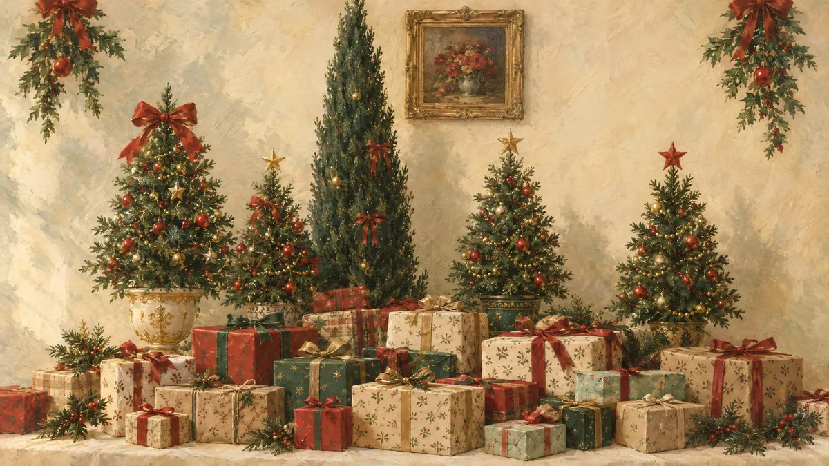 Vintage Christmas Trees And Gifts shown on your frame