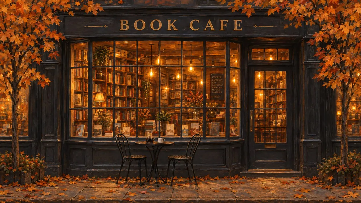 Autumn Book Cafe Storefront shown on your frame