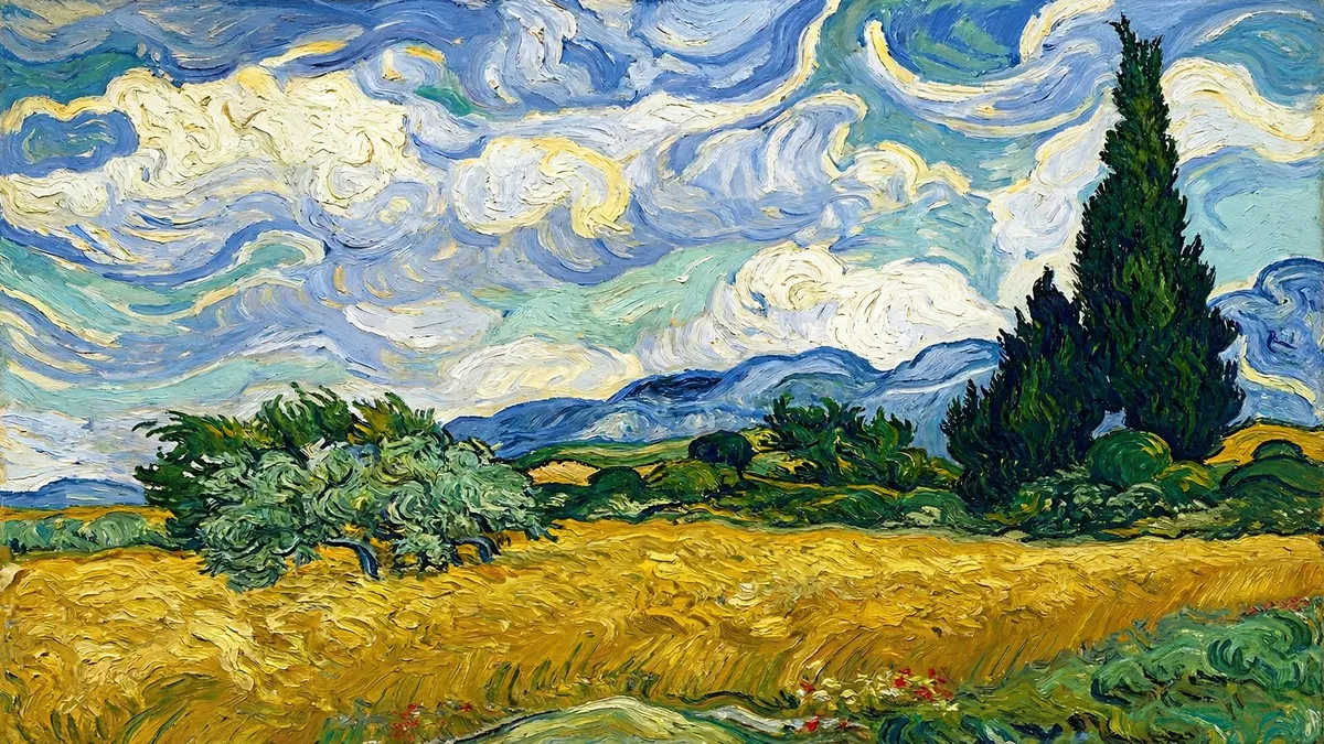Thick-brushed painting of golden wheat, green shrubs and a dark cypress beneath a swirling blue and white sky