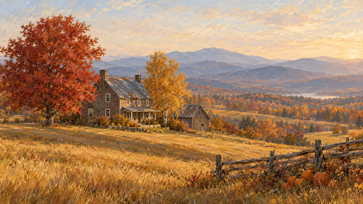 New England Autumn Farmhouse shown on your frame