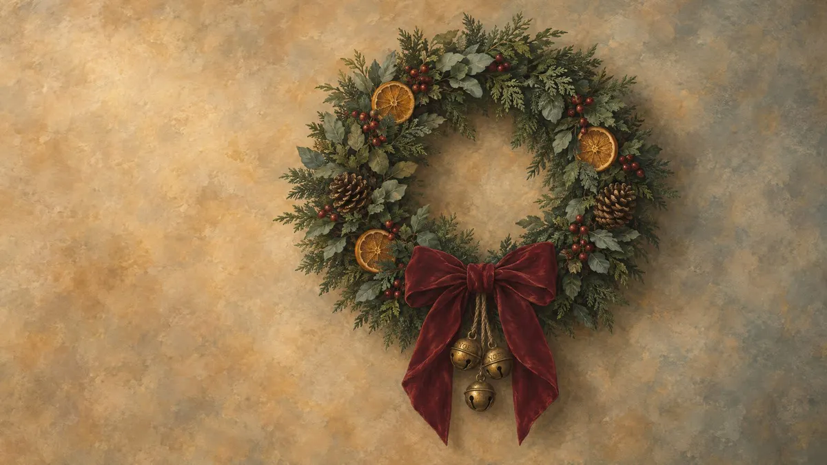 Evergreen Christmas wreath with red berries, orange slices, a burgundy velvet bow and brass bells on a mottled beige wall