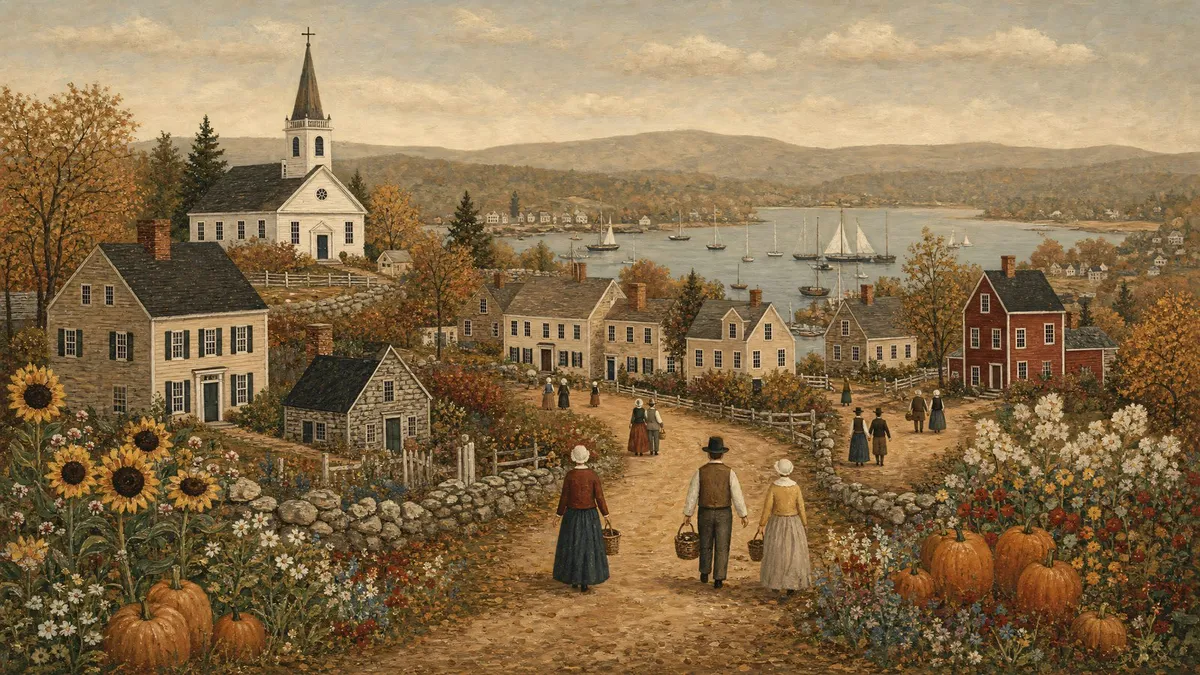 Folk-art autumn village with a white church, cottages and villagers on a path above a harbor with small sailboats