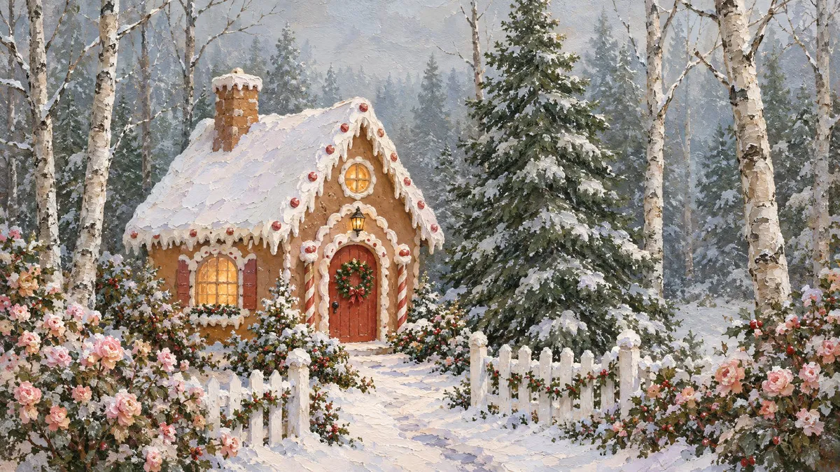 Gingerbread Cottage Winter Forest shown on your frame