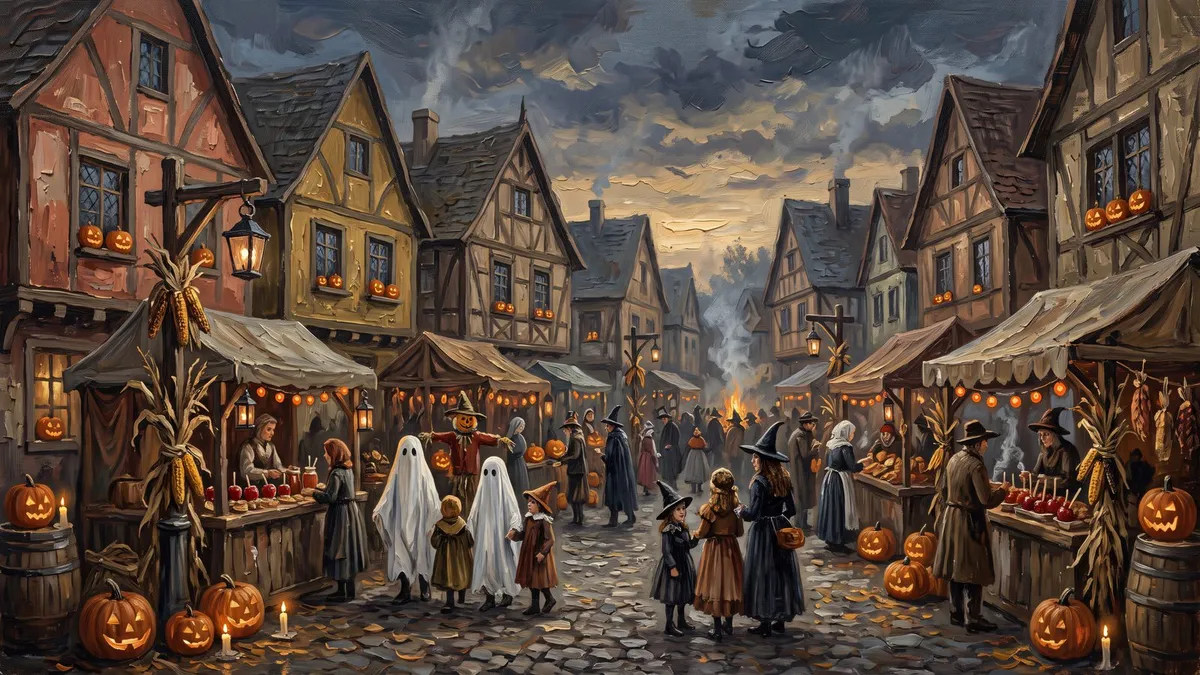 Vintage Spooky Village Market shown on your frame