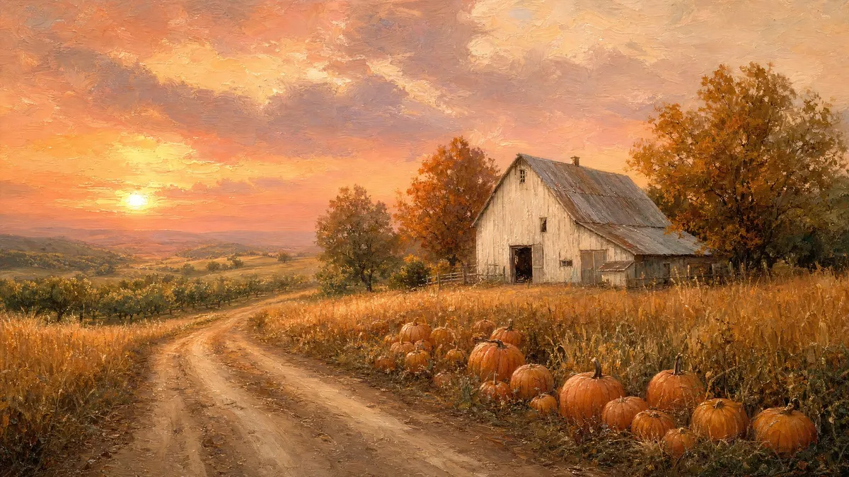 Pumpkin Farm Sunset shown on your frame