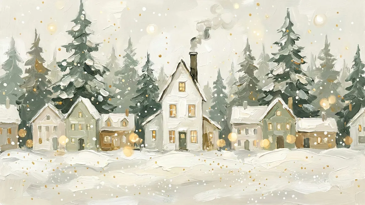 Snowy Forest Village shown on your frame