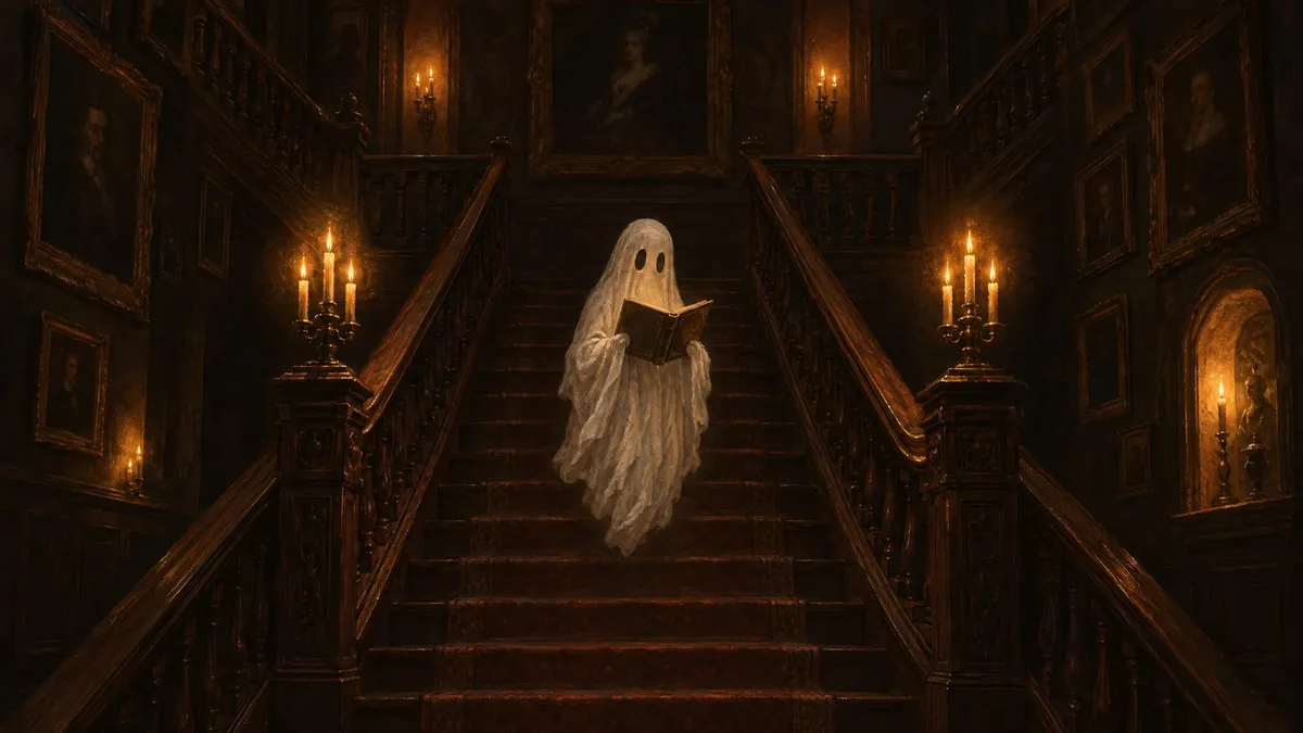 White-sheet ghost holding an open book on a dark wooden staircase lit by candles, with framed portraits on the walls