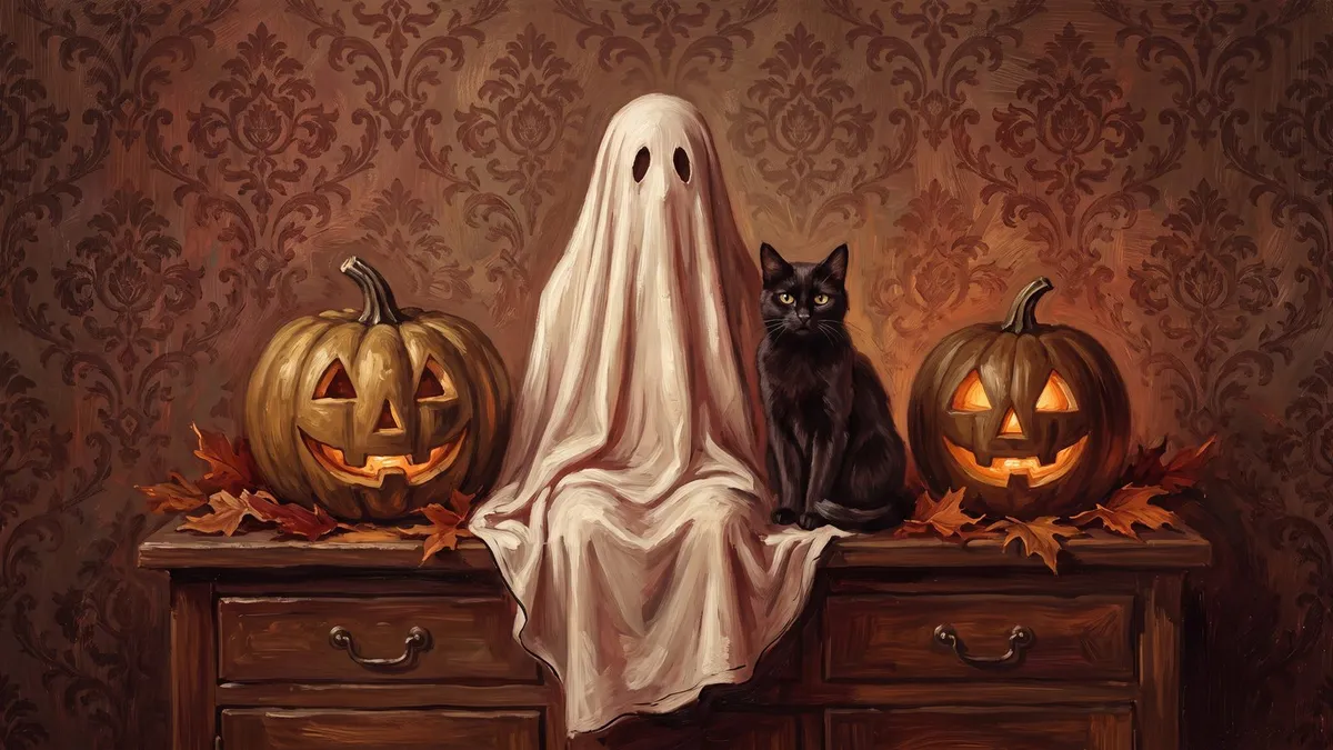 Vintage Halloween Ghost Cat Pumpkin shown on your frame