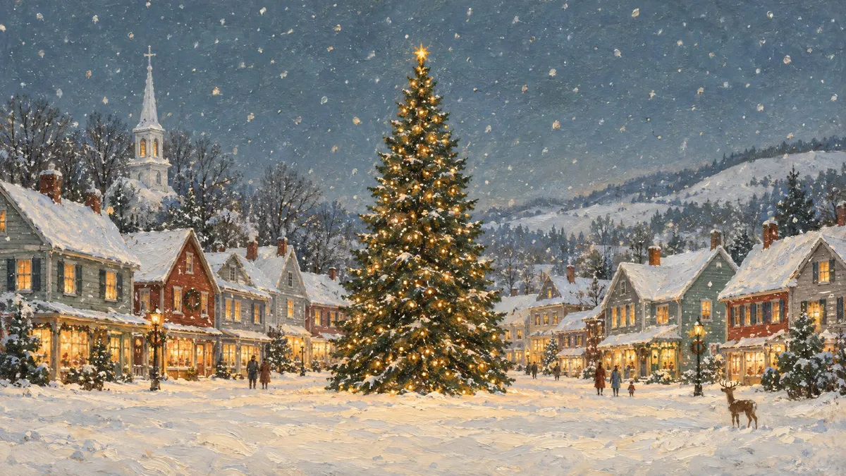 Tall lit Christmas tree in a snowy village square with glowing houses, a church steeple and falling snow at dusk