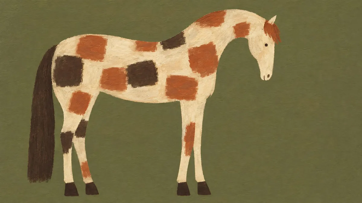 Stylized appaloosa horse in side profile with a cream body and terracotta and brown patchwork spots