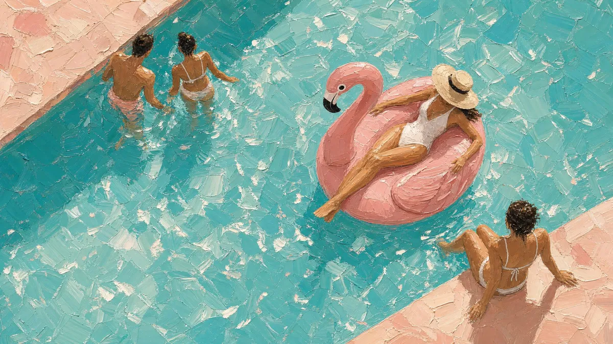 Top-down view of a sunlit pool with a swimmer on a pink flamingo float and three other figures nearby