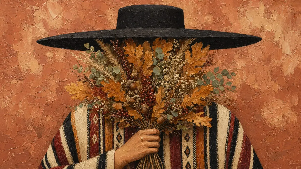 Frontal figure in a wide black hat holding a large bouquet of dried leaves and acorns, wearing a striped woven poncho