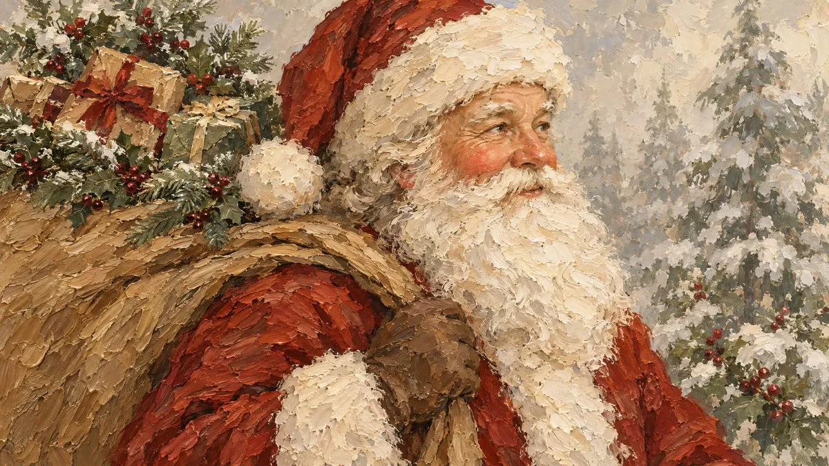 Santa Claus in red coat and fur-trimmed hat, in profile, with a sack of gifts and holly, before snowy pines