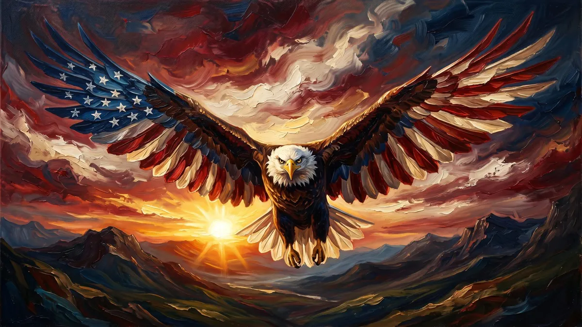 Bald eagle with flag-patterned wings spread wide, flying toward a glowing sunset above dark mountains