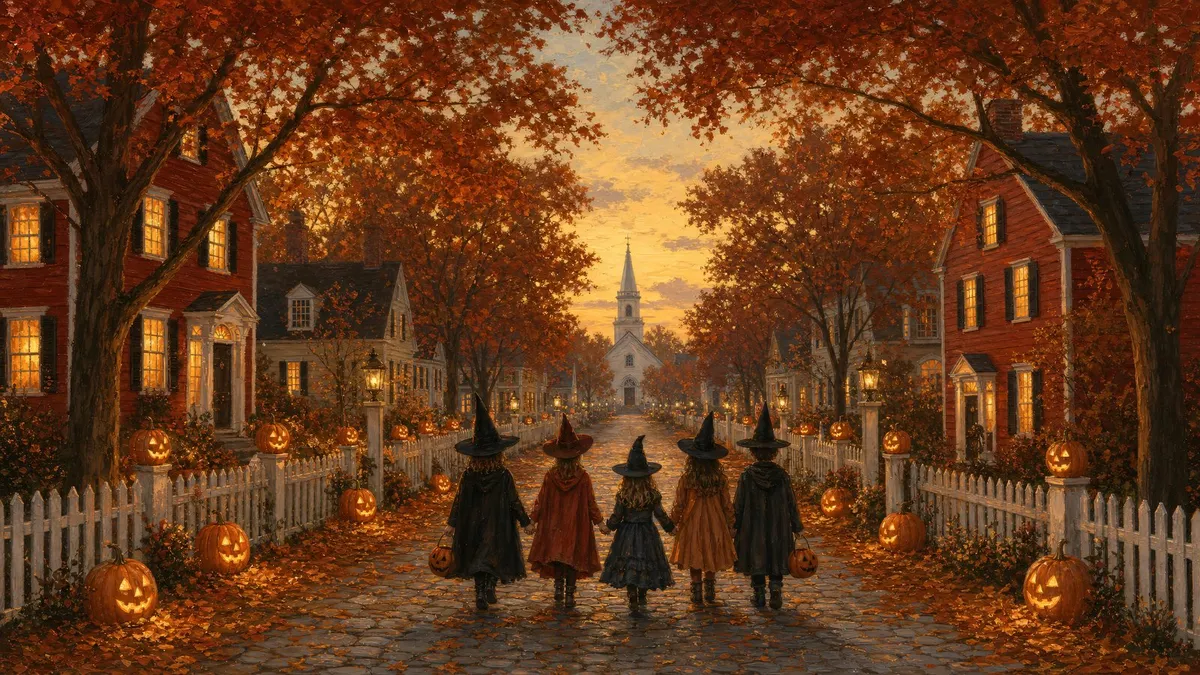 Children in witch hats walk a village street lined with picket fences, jack-o'-lanterns and autumn trees at dusk