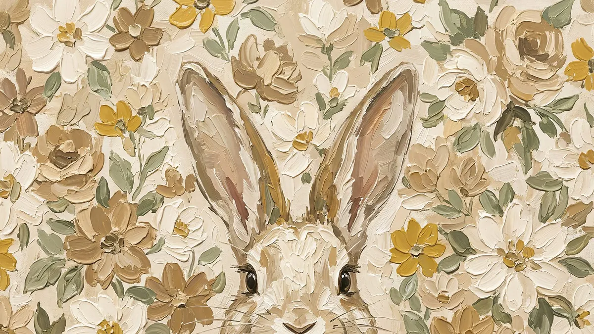 Rabbit's face and tall ears among cream, tan and mustard flowers in thick textured brushstrokes