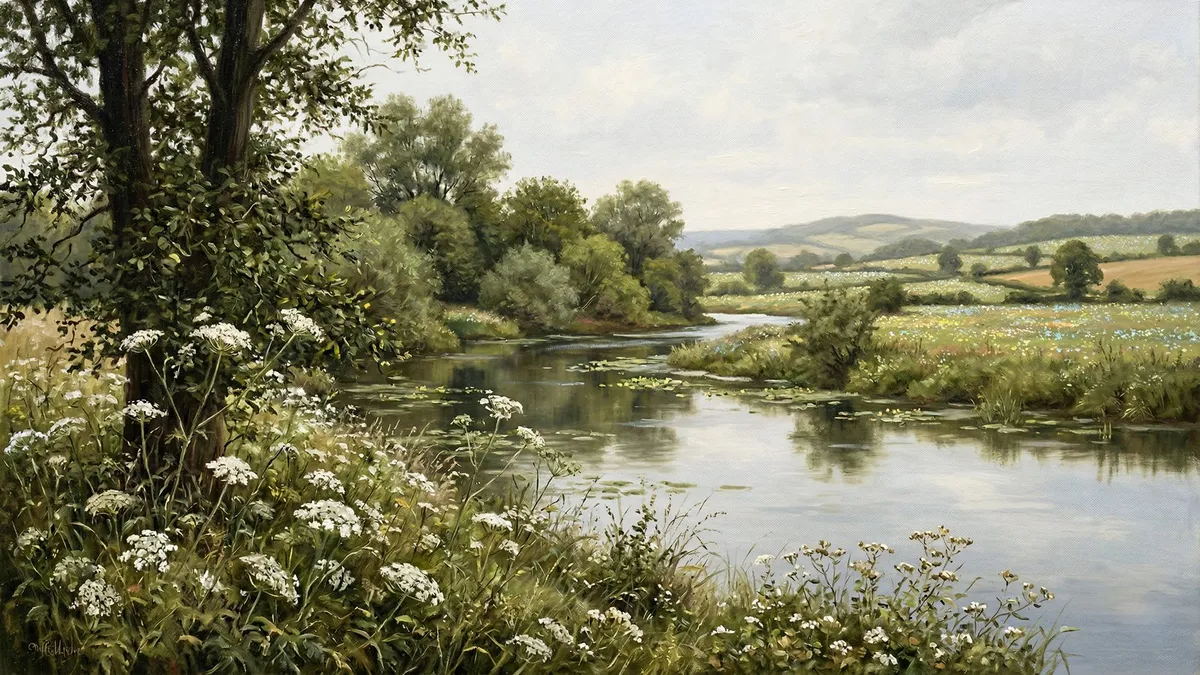 Oil painting of a calm river with lily pads, white cow parsley in the foreground and rolling green fields beyond
