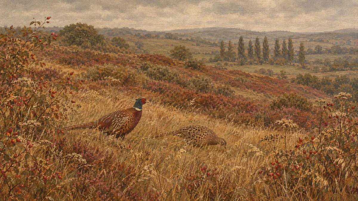 Pheasant Pair Autumn Meadow shown on your frame