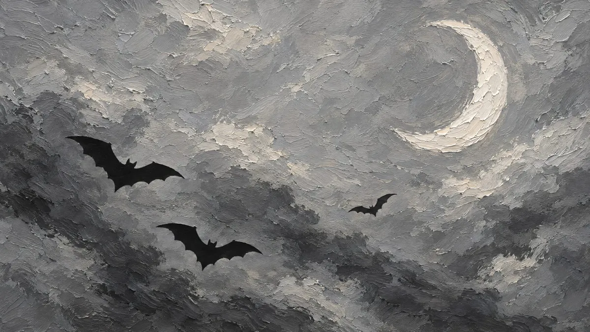 Three black bat silhouettes in flight and a pale crescent moon against a textured gray sky