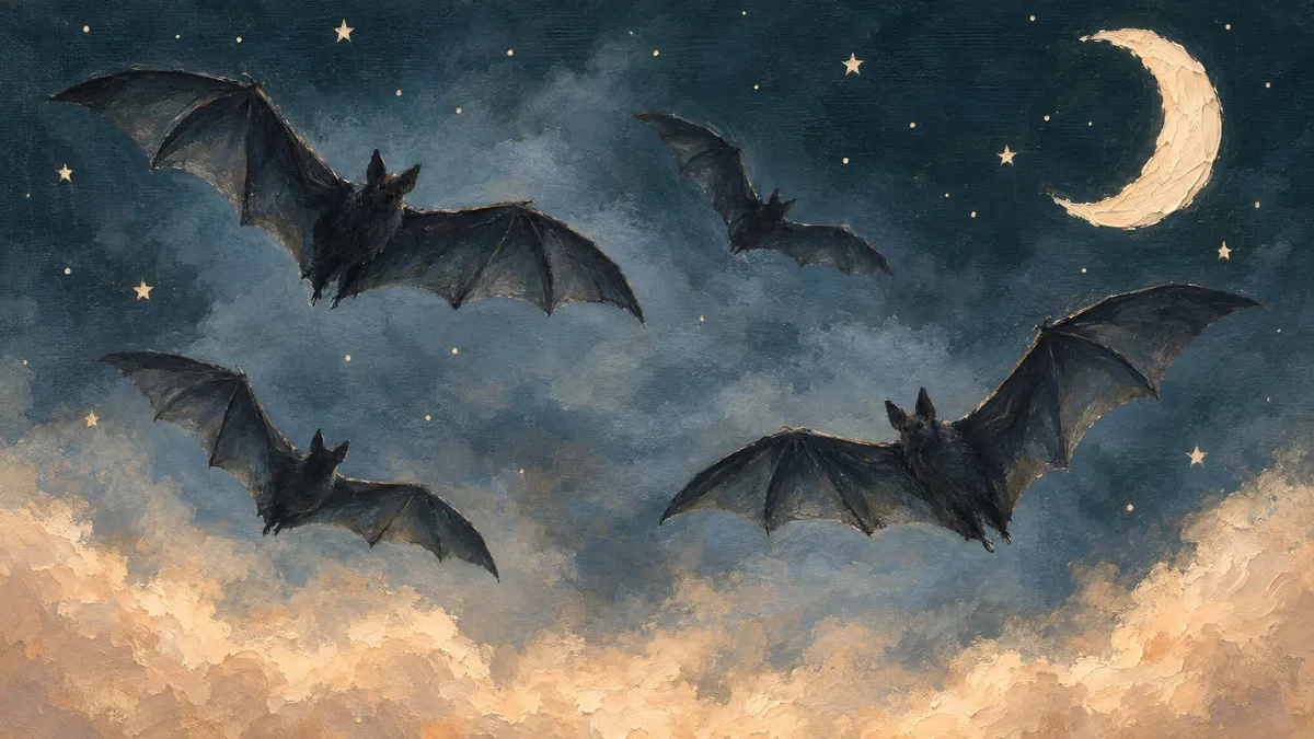 Four bats in flight against a slate-blue night sky with a cream crescent moon, stars and peach clouds below