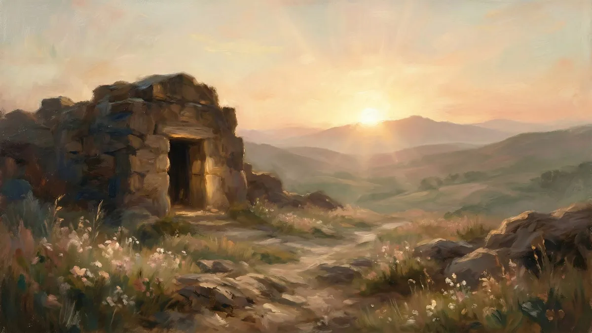 Sunrise over misty hills behind a rough stone tomb with a dark open doorway, wildflowers in the foreground