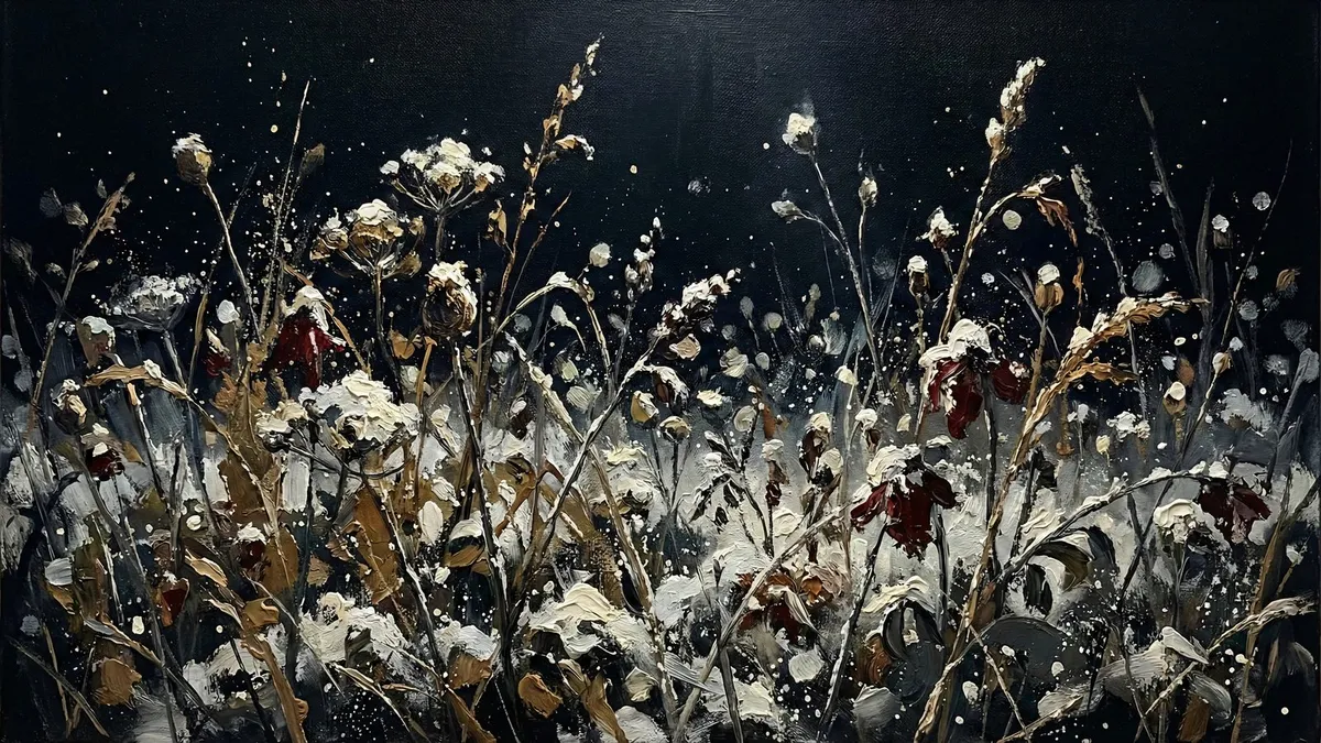 Moody Snow Covered Wildflowers shown on your frame