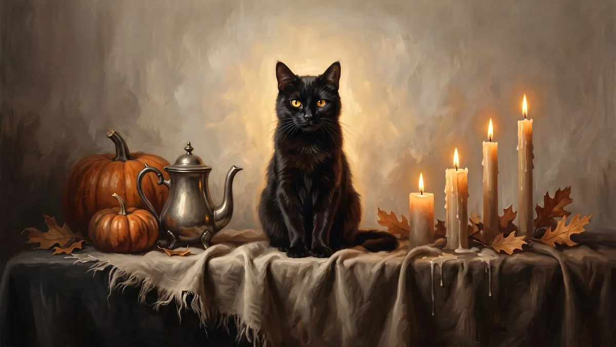 Black Cat Autumn Still Life shown on your frame