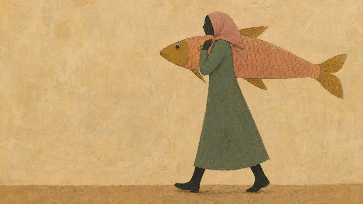 Folk-art figure in a green coat and rose headscarf walking left with a large pink-orange fish across their shoulder