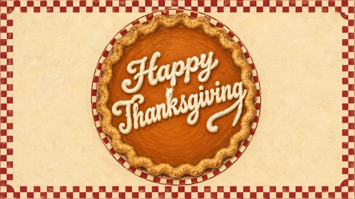 Overhead pumpkin pie with cream script reading Happy Thanksgiving, edged by a red and cream checkerboard border