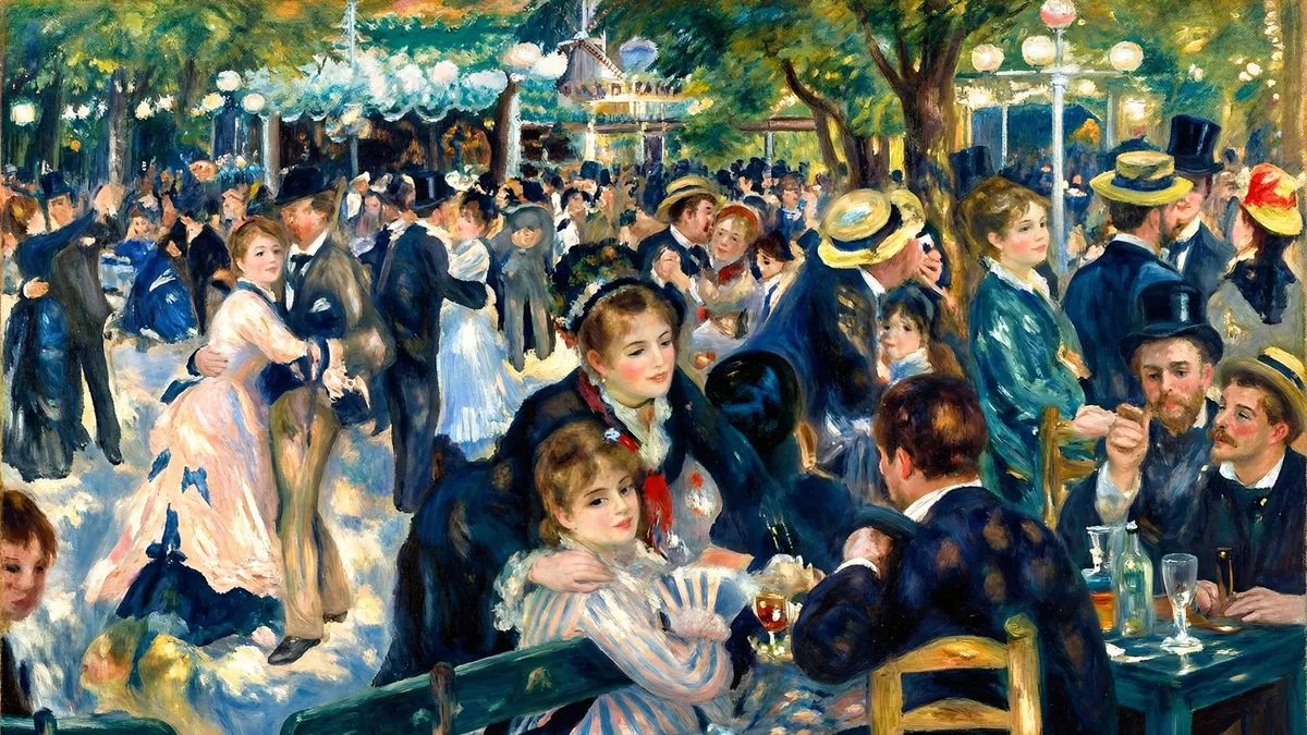 Crowd of dancers and seated companions in dappled sunlight beneath trees, with hats, lanterns and a table of glasses
